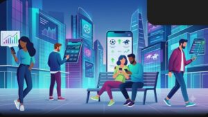 Современная иллюстрация смартфона с графиками и иконками ставок для рейтинга мобильных приложений букмекеров