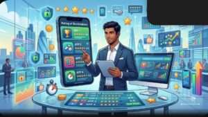 Современная иллюстрация смартфона с иконками ставок для статьи о выборе букмекерского приложения в 2026 году